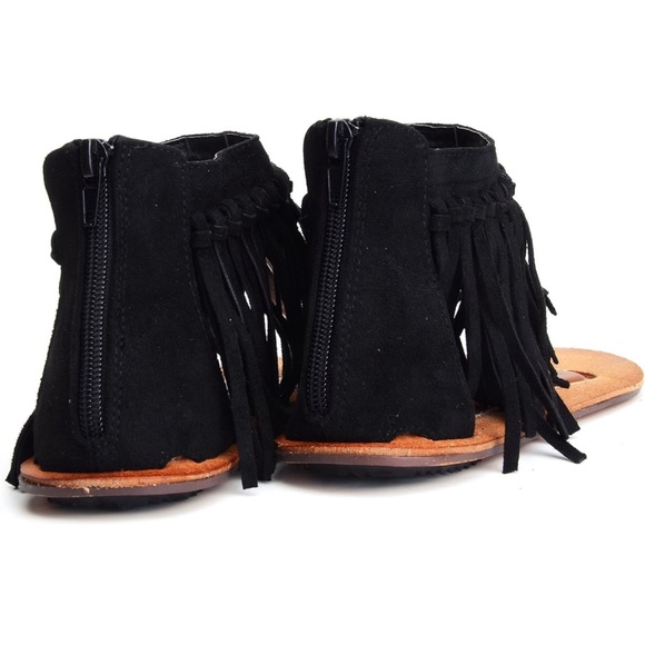 Black Suede Fringe Ankle Zip Up Brown Sole Sandals - Picture 16 of 16